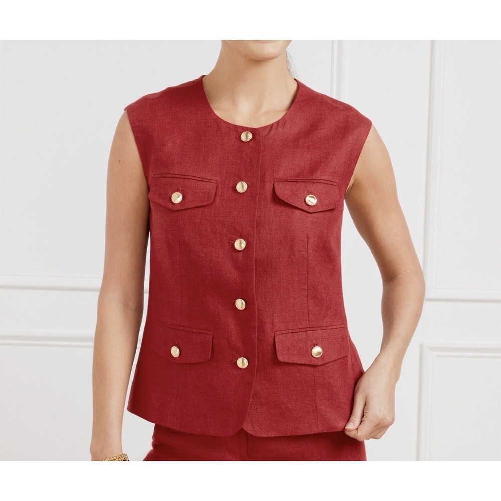 Talbots Red Linen Vest Gold Buttons Sz 2 Preppy Holidays Academia Classic NWT